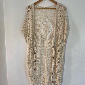 Off-White/Beige Crocheted Kimono with Wood Beads